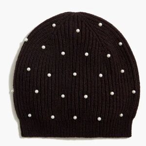 J. Crew Ribbed Black Beanie with Pearl Embellishments - NWT